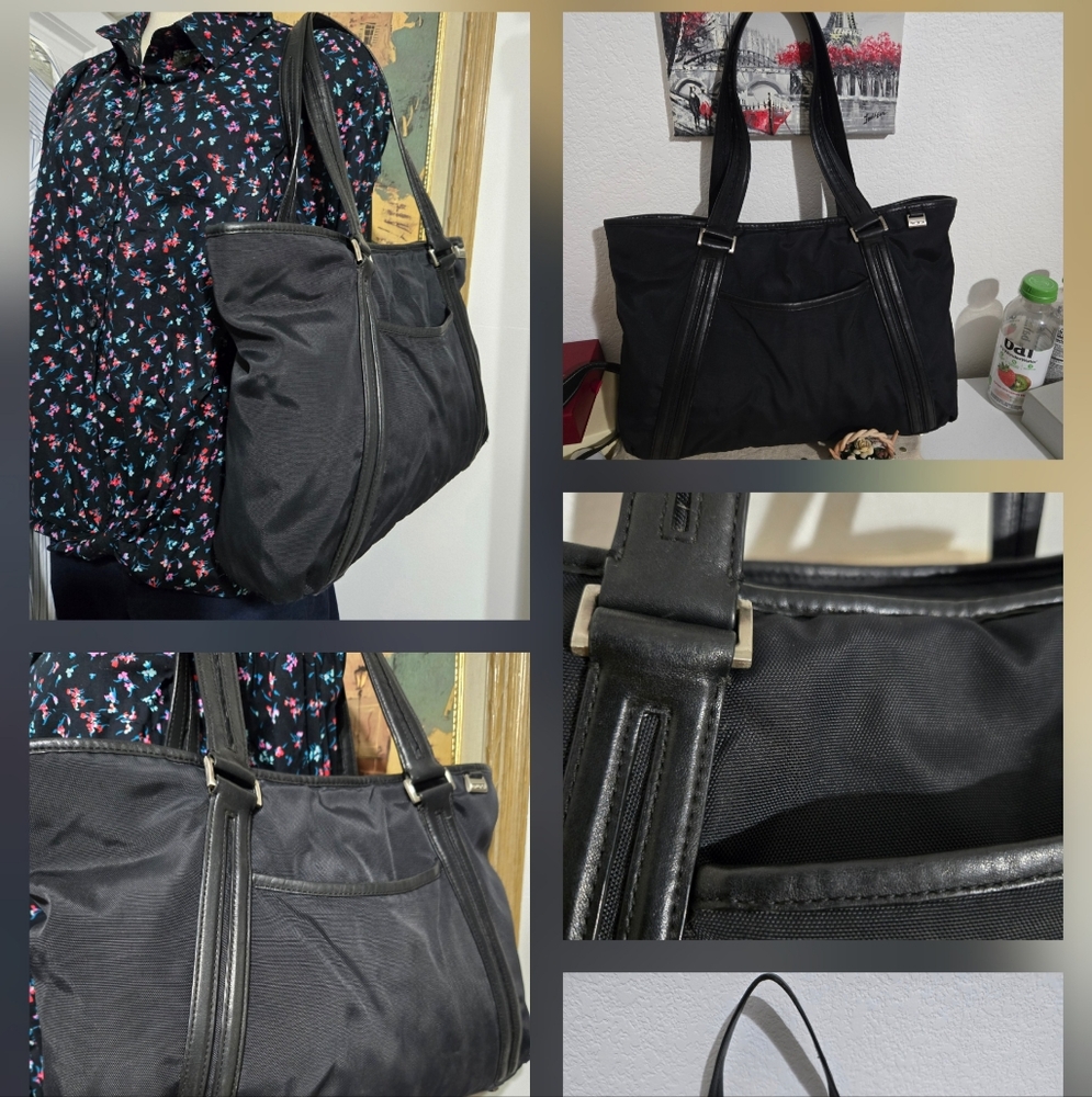 TUMI WOMEN'S BLACK  SHOULDER MICROFIBER TOTE LEATHER STRAP TOTE TRAVEL CARRY BAG